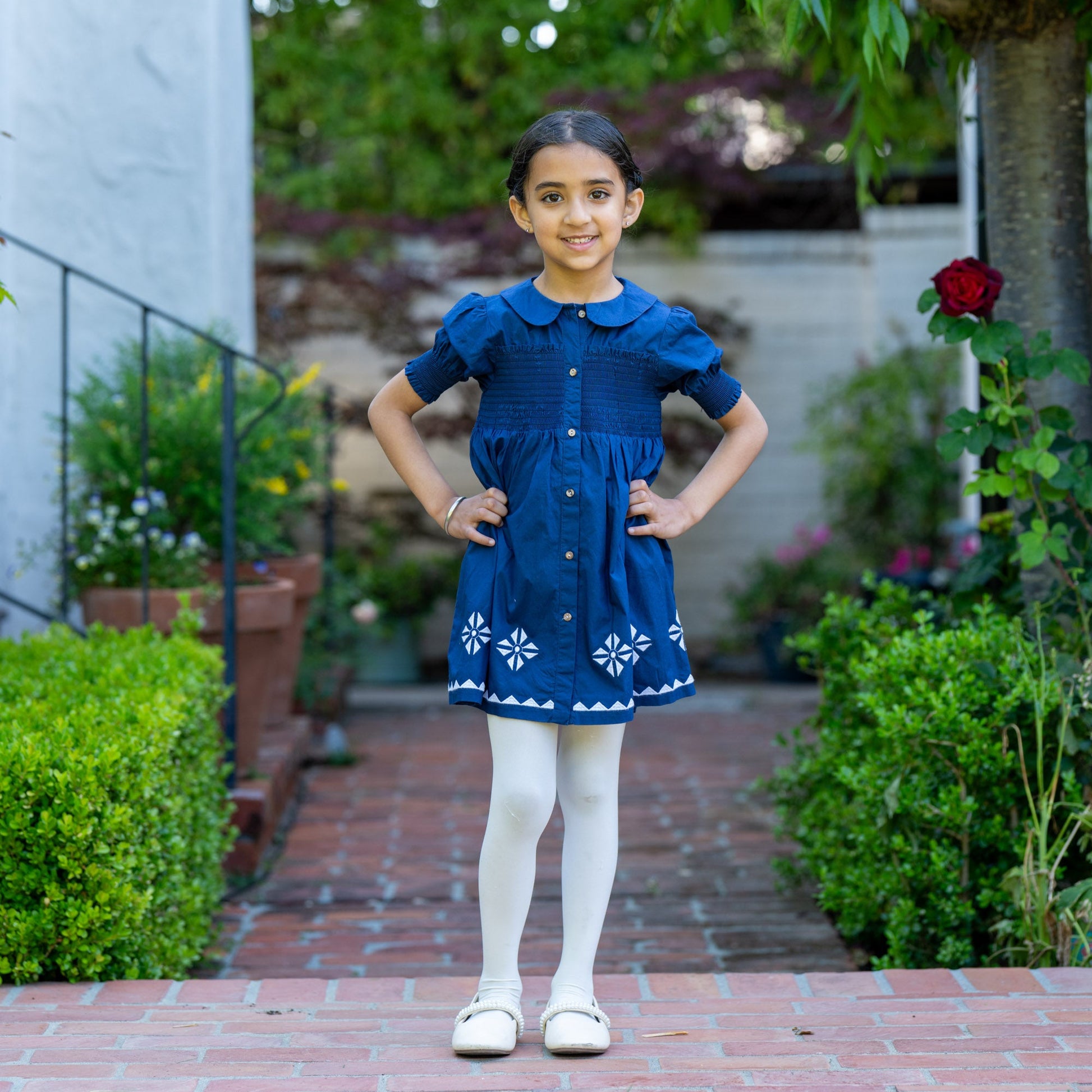 Puff Sleeve Embroider Blue Dress