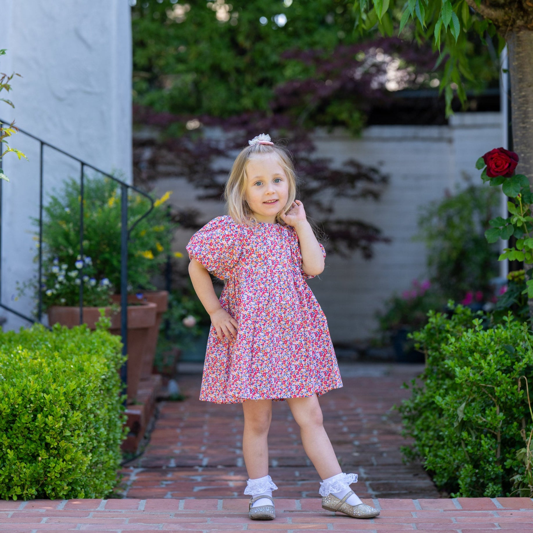 Red Vintage Floral Balloon Sleeve Dress