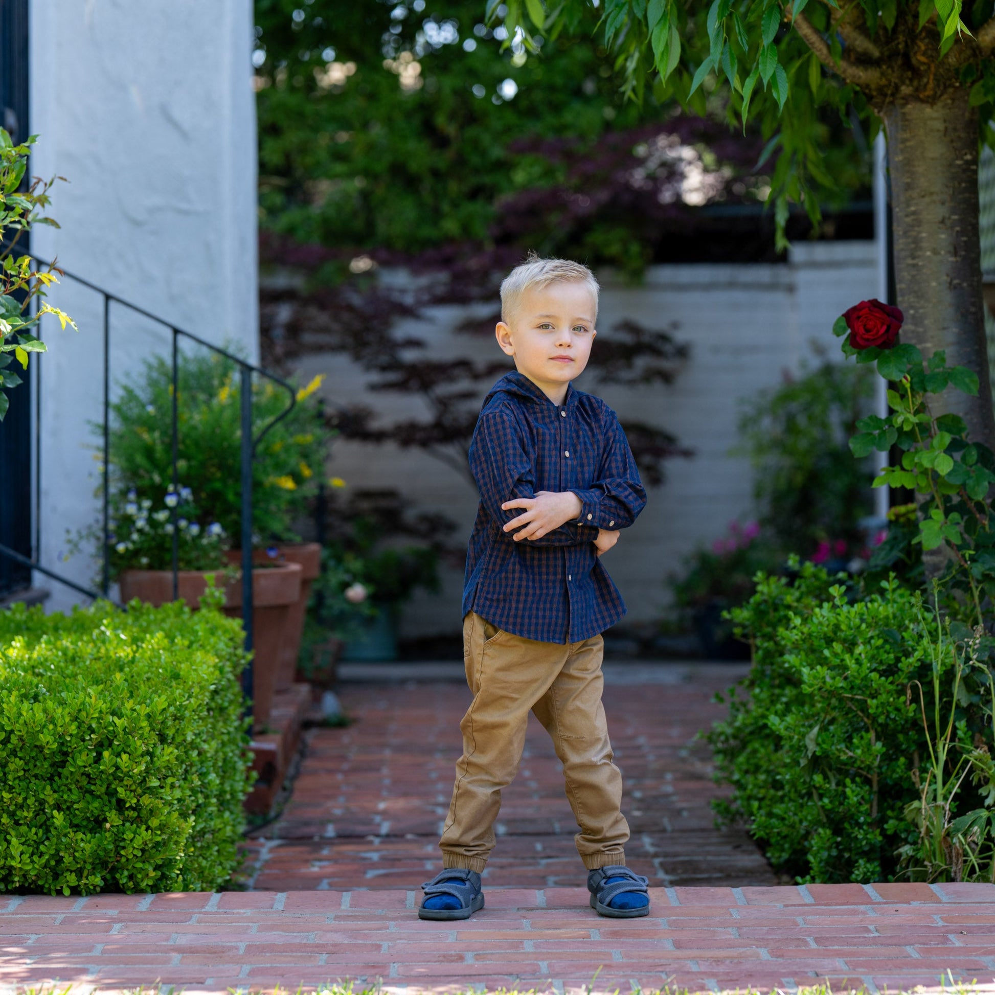 Blue and Gray Check Shirt with Hood