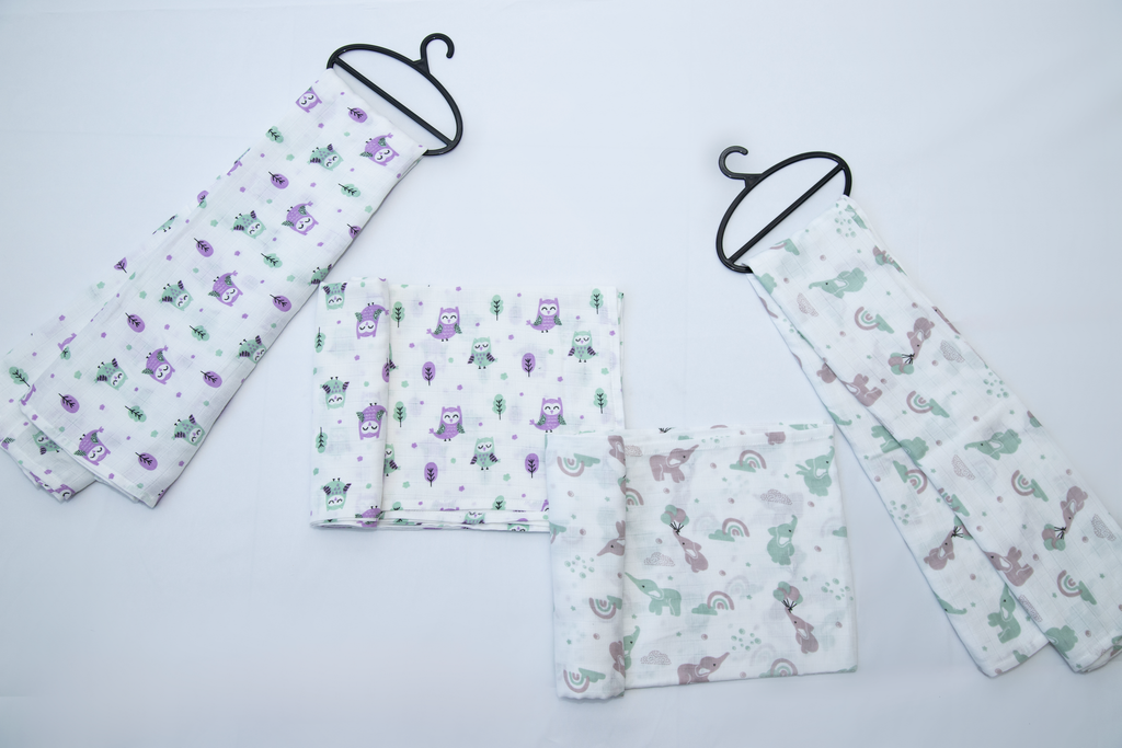 Aloe Vera Swaddles 2 pack - Gentle Owl and Elephant prints - First Time in the US