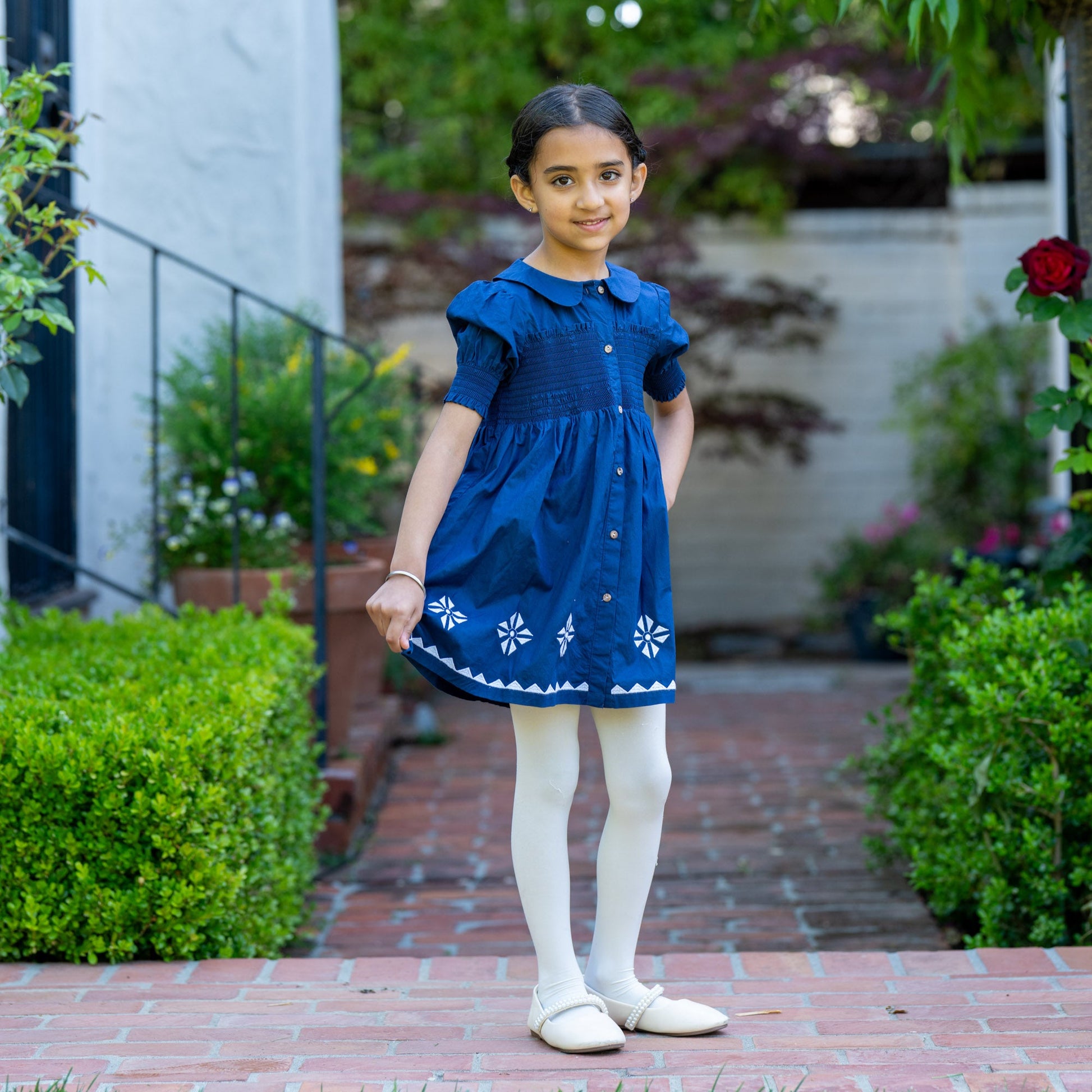Puff Sleeve Embroider Blue Dress