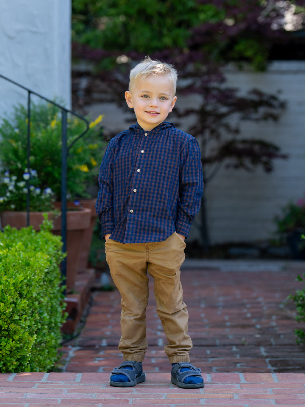 Blue and Gray Check Shirt with Hood