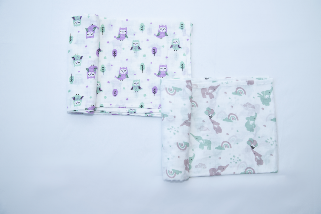 Aloe Vera Swaddles 2 pack - Gentle Owl and Elephant prints - First Time in the US