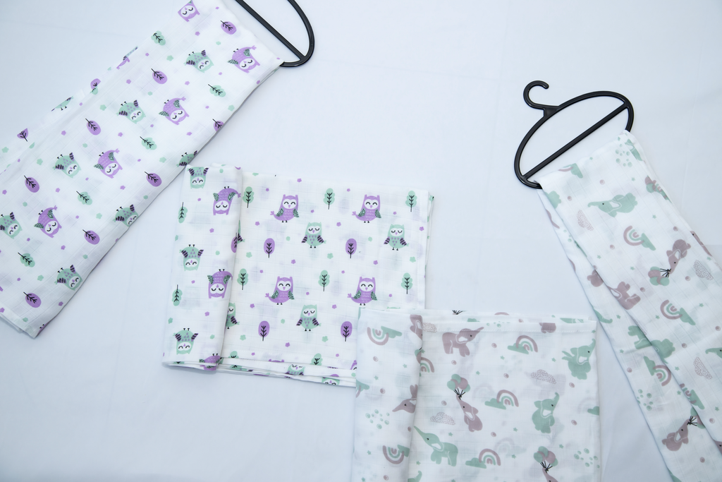 Aloe Vera Swaddles 2 pack - Gentle Owl and Elephant prints - First Time in the US